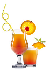 Set of orange cocktails with decoration from fruits and colorful straw isolated on white background