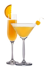 Set of orange cocktails with decoration from fruits and colorful straw isolated on white background
