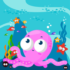 Little octopus and fish swimming underwater. Vector illustration
