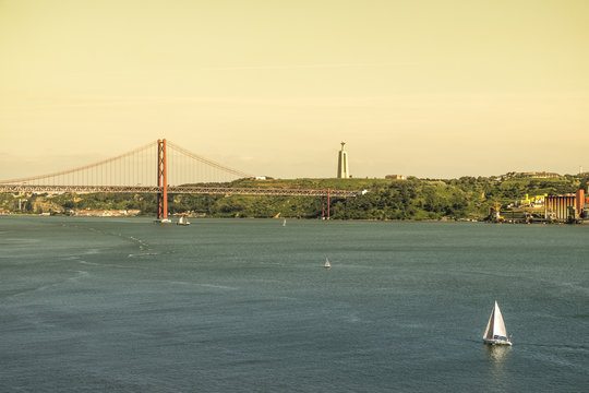 Tagus river and 25th April bridge in Lisbon