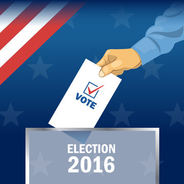 Usa 2016 election card with man hand with ballot. Digital vector image