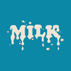 Word milk icon isolated on blue background. Liquid symbol