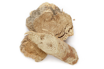 Organic dry wood pieces of Horseradish tree (Armoracia rusticana). Isolated on white background. Top view.