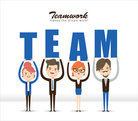Teamwork concept. Group of business people with word TEAM in hands.