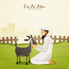 Islamic Man with Goat for Eid-Al-Adha Mubarak.