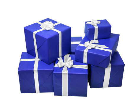 Blue gift boxes with white ribbon.