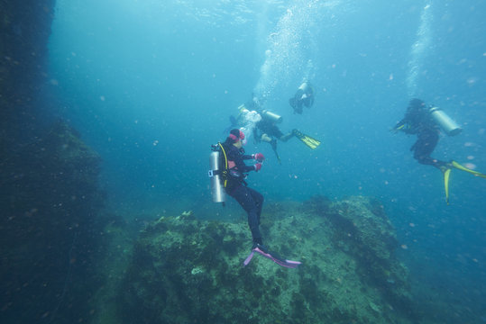 Divers and coral reef