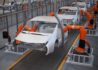 Electric vehicles body assembly line. 3D rendering image.