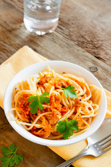 Spaghetti with meat and vegetable sauce