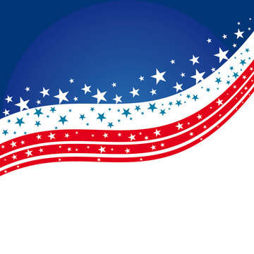 A pattern of white and blue stars and thin red stripes with United States Flag colors on a wavy white background