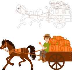 Farmer riding a cart with pumpkins. Coloring and color image