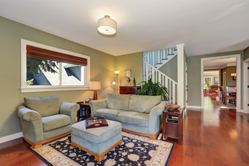 Cozy sitting area with light olive sofa set and ottoman.