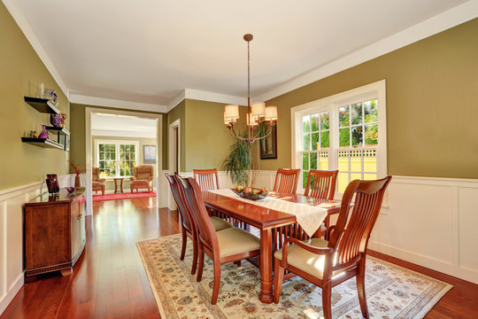 Brown and olive tones dining room interior