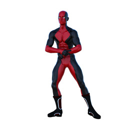 one young superhero man with muscles in red black super suit. He stands in the pose of a bodybuilder and posing showing his body