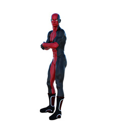 one young superhero man with muscles in red black super suit. He stands leaning his back against the wall. Arms crossed