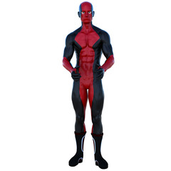 one young superhero man with muscles in red black super suit. He stands with a straight posture and hold the ball