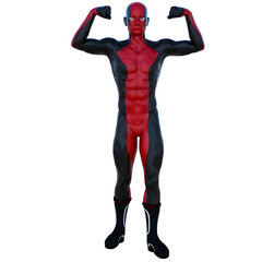 one young superhero man with muscles in red black super suit. He stands with a straight posture and shows his muscles on the hands