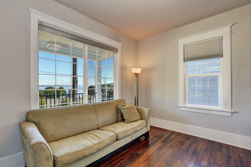 Upstairs living room interior with wood flooring.