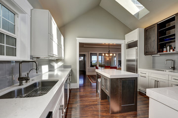 Modern style kitchen interior with brown and white cabinets