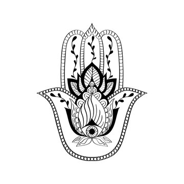Vector sacred sign - hamsa hand, hand of Fatima. Indian hand drawn ethnic ornament