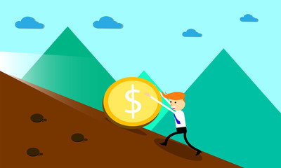 Businessman pushing money uphill for success. Graphic illustrato