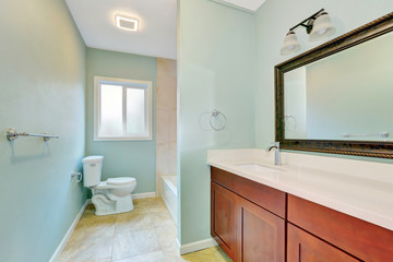 Fototapeta na wymiar Light blue remodeled bathroom with wooden vanity cabinet.