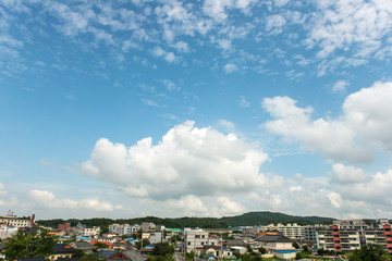 South Korea's Gyeongju, blue sky with cloud and city