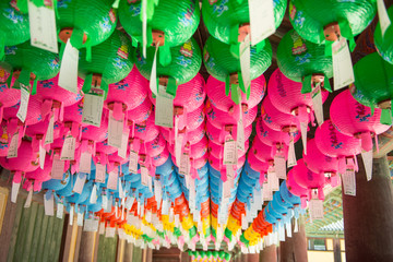 Gyeongju, South Korea - August 18, 2016 :Hundreds of lanterns hanging out of the Bulguksa temple in South Korea.