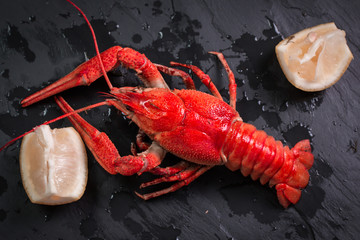 fresh boiled crawfish on the old wooden background