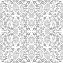 Obraz premium Vector tile oriental floral seamless doodle, ethnic drawing arabic pattern floral ancient, arabesque floral curled pattern tile, black and white colors 