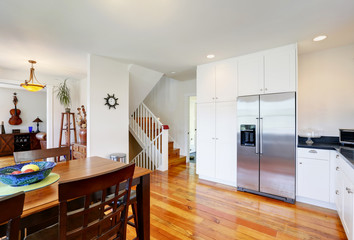 Design of kitchen room with white storage combination