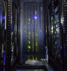 inside view of empty rack modern supercomputer data center