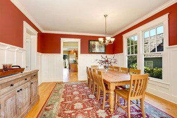 Red tones interior of American classic dining room