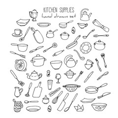 Hand Drawn Kitchen Tools Set. Kitchenware Vector Illustration.