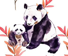 Naklejka premium Akwarela Panda. Miś Panda i niedźwiedź niemowlęcy. Panda Bear akwarela ilustracja na białym tle