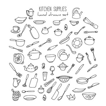 Hand Drawn Kitchen Tools Set. Kitchenware Vector Illustration.