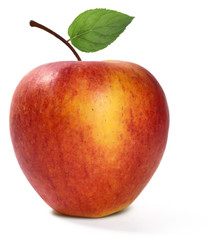Organic apple, red and yellow appl with leaf, isolated on white background