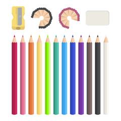 Colored pencils, sharpener, eraser. Vector illustration.