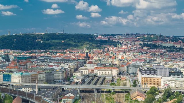Panoramic view of Prague timelapse from the top of the Vitkov Memorial, Czech Republic