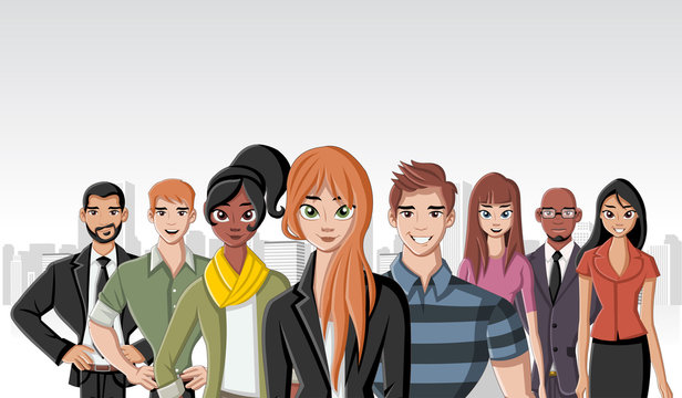Group of business cartoon young people in the city
