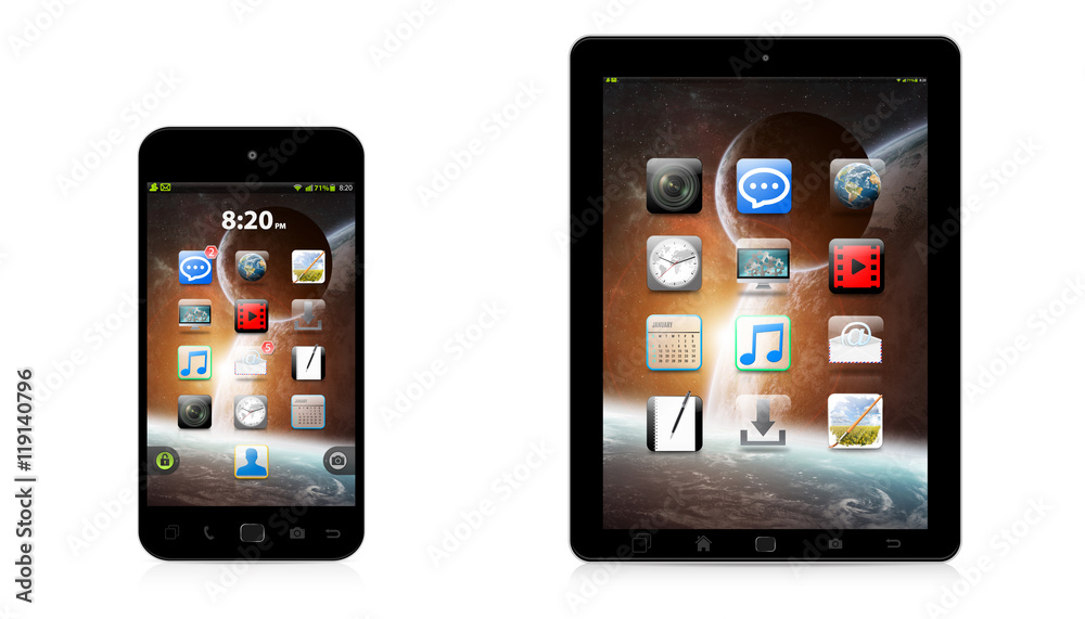 Wall mural modern digital phone and tablet on white background 3d rendering
