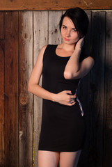 Fototapeta premium Beautiful girl in evening dress, the model poses against a wooden wall,