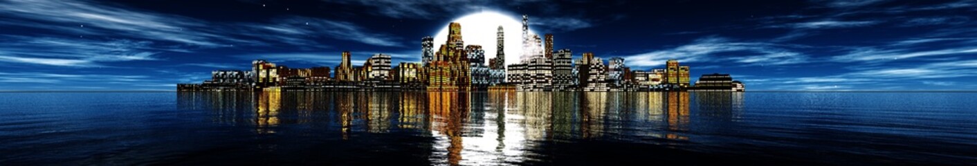 Fototapeta na wymiar panorama of the city at night. Moon over skyscrapers. banner. 