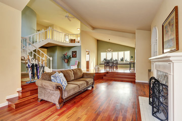 Craftsman-style family room with brown sofa and fireplace.