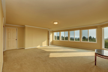 Empty room in beige and yellow colors with carpet floor