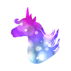 Colorful patch with unicorn silhouette, bright colors. Background under clipping mask. Hand drawn vector Illustration for kid textile, card, pin, t-shirt print design. Fashion trend badge