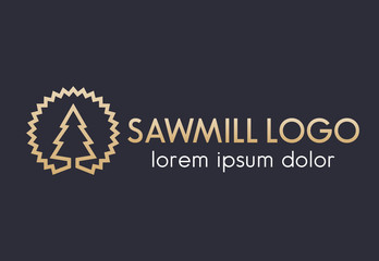 Sawmill logo line design, sawmill disk and tree outline, gold on dark - obrazy, fototapety, plakaty