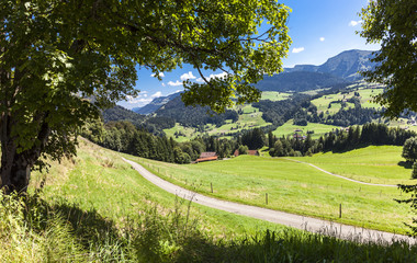Fototapeta na wymiar Panorama View Allgäu Mountains and Path near Oberstaufen