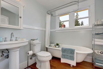 Fototapeta na wymiar Interior design of craftsman bathroom with pastel blue walls