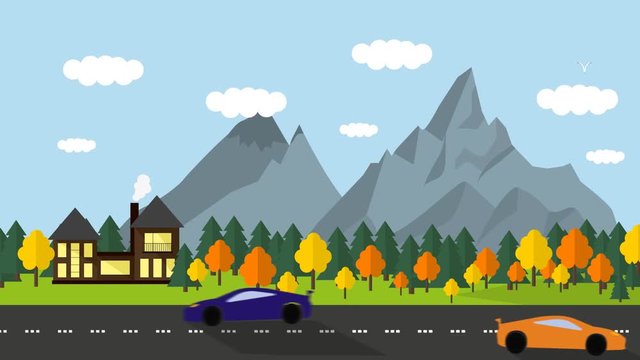 Flat style. Landscape with Road with cars